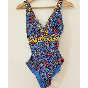 F&F One Piece Swimsuit US 6 Tropical Floral Animal Print V-Neck Gold Stud Detail